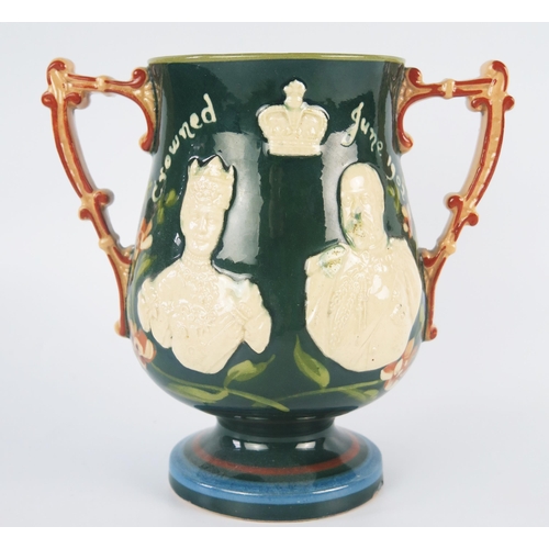 1219 - An Aller Vale Edward VII commemorative Coronation twin-handled cup, with low relief cameos of King E... 