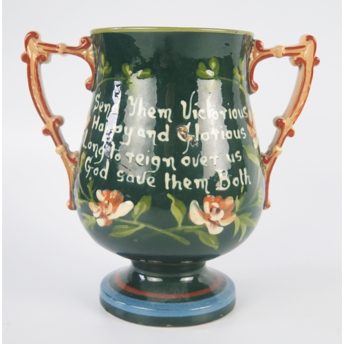 1219 - An Aller Vale Edward VII commemorative Coronation twin-handled cup, with low relief cameos of King E... 