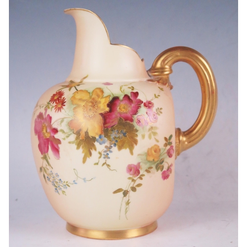 1237 - A Royal Worcester blush ivory jug, with polychrome floral spray decoration heightened in gilt, with ... 