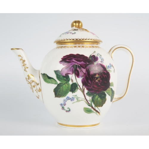 1244 - A Sevres style porcelain teapot and lid, of ovoid form, the domed lid painted with roses, and floral... 