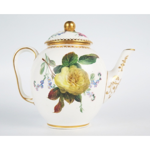 1244 - A Sevres style porcelain teapot and lid, of ovoid form, the domed lid painted with roses, and floral... 