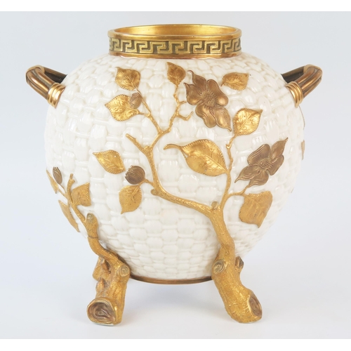 1251 - A Royal Worcester vase of ovoid form of basket weave design with raised and gilded foliate decoratio... 