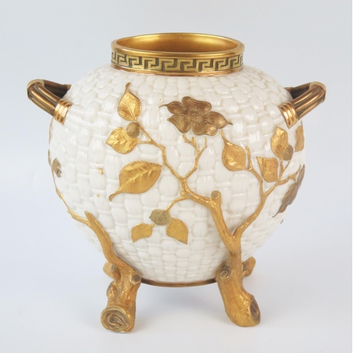 1251 - A Royal Worcester vase of ovoid form of basket weave design with raised and gilded foliate decoratio... 