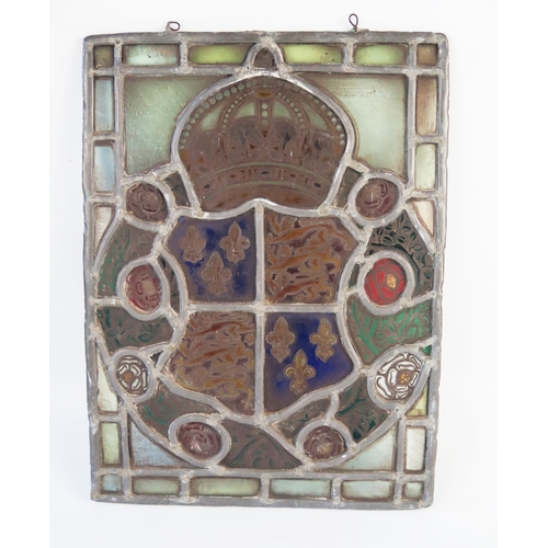 1282 - A stained glass panel depicting the Royal Coat of Arms for Richard III enclosed by red and white ros... 