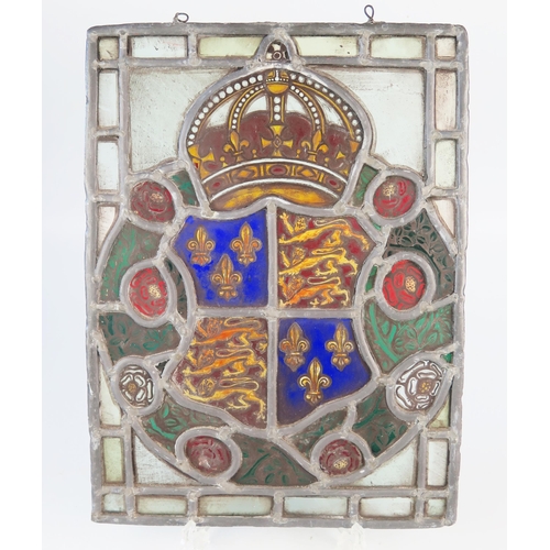 1282 - A stained glass panel depicting the Royal Coat of Arms for Richard III enclosed by red and white ros... 