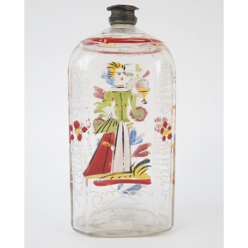 1285 - An 18th century Dutch clear glass and hand painted flask, of rectangular form with canted corners, d... 