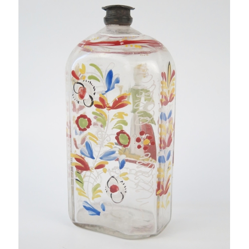 1285 - An 18th century Dutch clear glass and hand painted flask, of rectangular form with canted corners, d... 