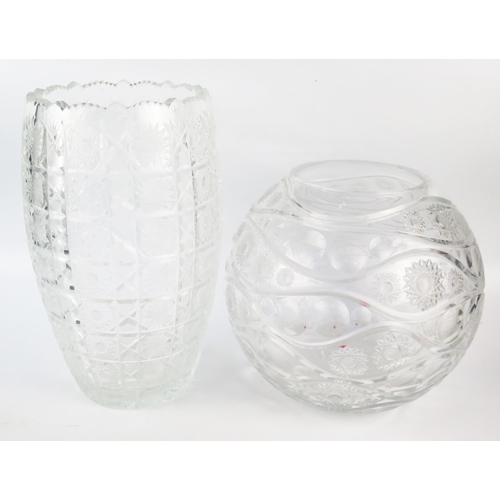 1295 - A large clear glass vase of ovoid form, with banded stellar, palmette and hobnail decoration, 30cm h... 