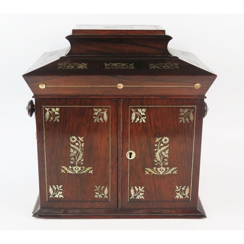 1300 - A William IV period rosewood and mother-of-pearl inlaid table top sewing cabinet, with hinged caddy ... 