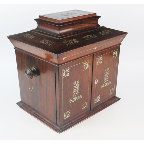 1300 - A William IV period rosewood and mother-of-pearl inlaid table top sewing cabinet, with hinged caddy ... 