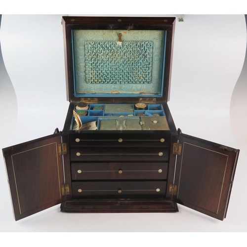 1300 - A William IV period rosewood and mother-of-pearl inlaid table top sewing cabinet, with hinged caddy ... 