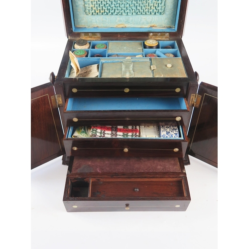 1300 - A William IV period rosewood and mother-of-pearl inlaid table top sewing cabinet, with hinged caddy ... 