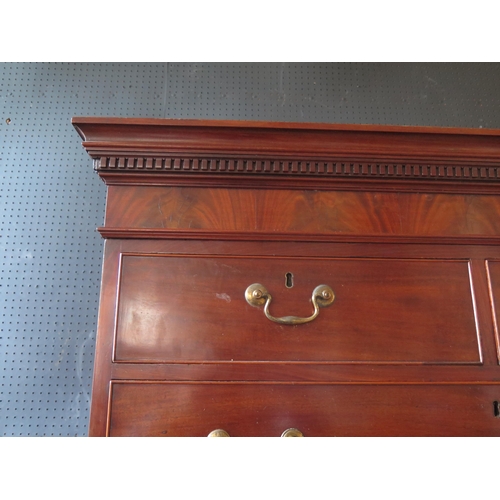 1306 - Georgian mahogany chest on chest, with dentil moulded cornice above two short and three long drawers... 