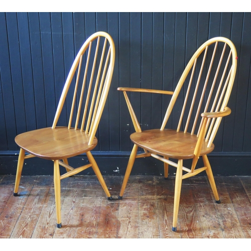 1325 - An Ercol blonde Quaker elbow chair  and standard dining chair, with arched spindle backs and spindle... 