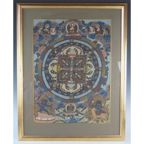 1346 - A Tibetan Thanka, the central circular mandala enclosed by Buddhistic immortals and demons, framed a... 