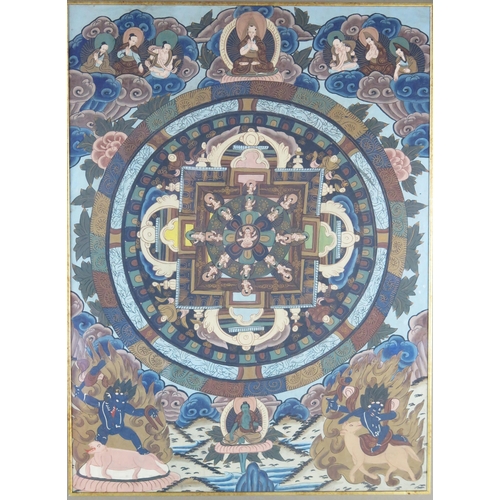 1346 - A Tibetan Thanka, the central circular mandala enclosed by Buddhistic immortals and demons, framed a... 