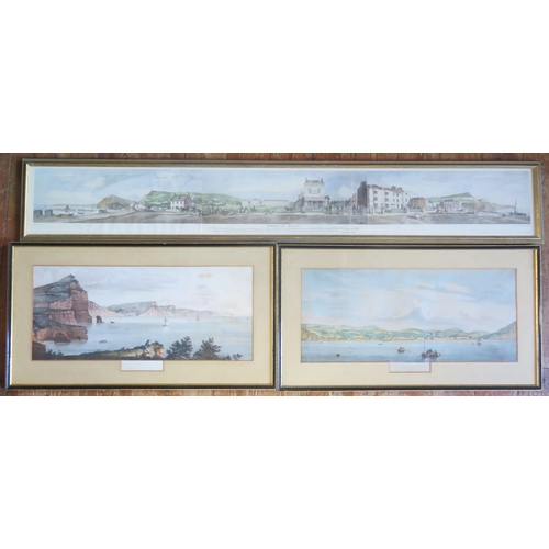 1350 - A panoramic view of Sidmouth, polychrome print, 18 x 32cm, together with a pair of prints, 'Sidmouth... 