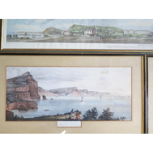 1350 - A panoramic view of Sidmouth, polychrome print, 18 x 32cm, together with a pair of prints, 'Sidmouth... 