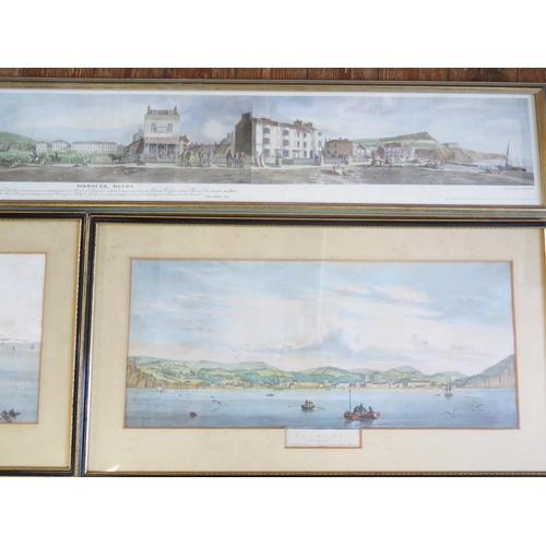 1350 - A panoramic view of Sidmouth, polychrome print, 18 x 32cm, together with a pair of prints, 'Sidmouth... 