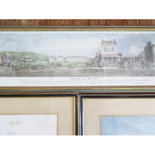 1350 - A panoramic view of Sidmouth, polychrome print, 18 x 32cm, together with a pair of prints, 'Sidmouth... 