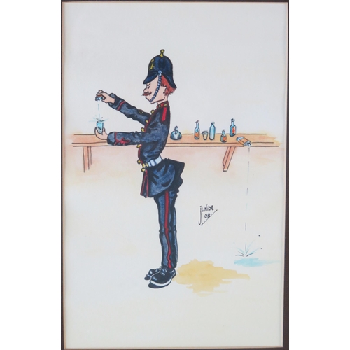 1355 - Junior, 'A private soldier pouring a drink' watercolour, signed Junior, 08, 26 x 16.5cm.