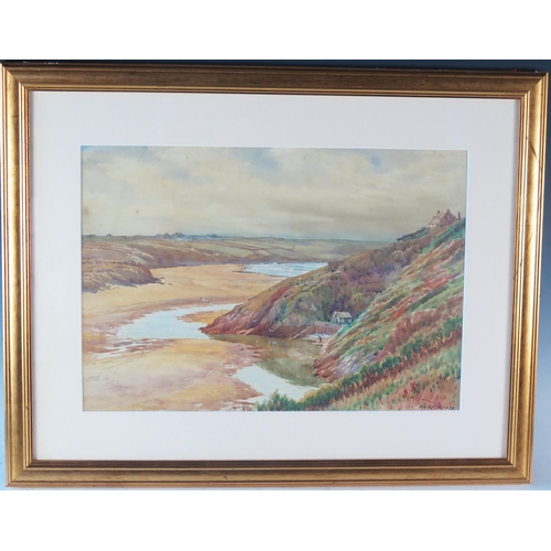 1363 - Douglas Pinder, 'Coastal View with secluded cove' watercolour, signed but undated, 34 x 50cm