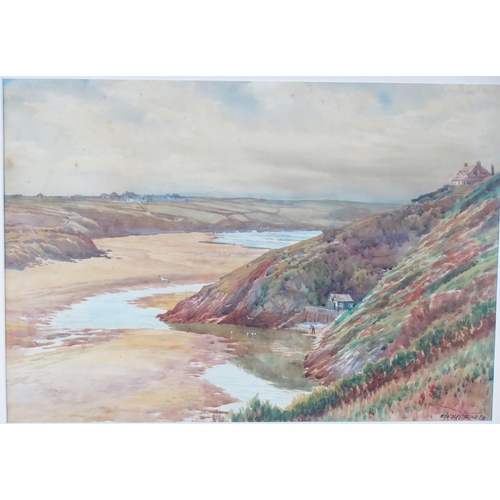 1363 - Douglas Pinder, 'Coastal View with secluded cove' watercolour, signed but undated, 34 x 50cm