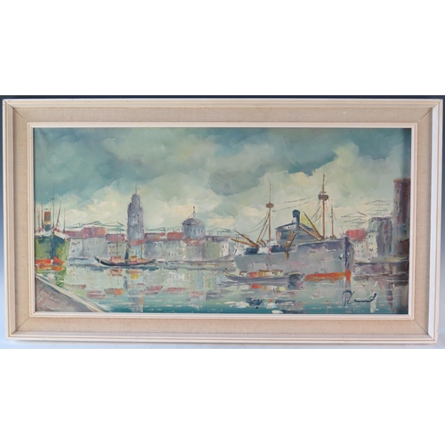 1369 - Industrial Harbour Scene, signed 20th century European school, oil on canvas, 90x50cm including fram... 