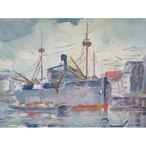 1369 - Industrial Harbour Scene, signed 20th century European school, oil on canvas, 90x50cm including fram... 