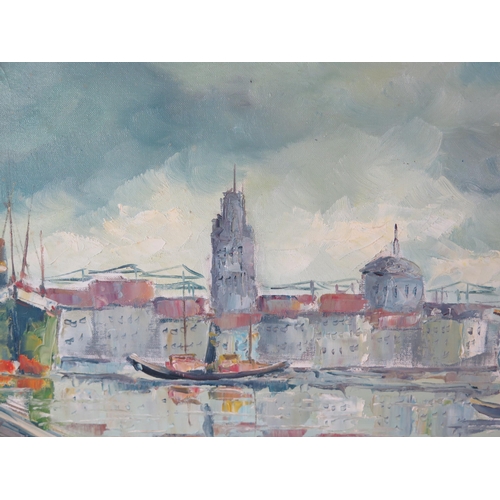 1369 - Industrial Harbour Scene, signed 20th century European school, oil on canvas, 90x50cm including fram... 