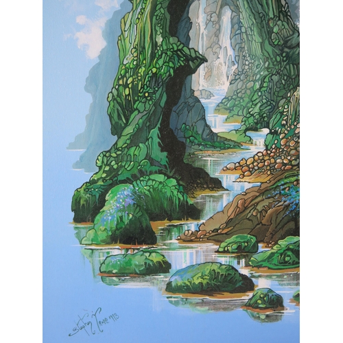 1370 - Stephen Trodd, New Zealand Illustrator and Album Cover Artist, Fantasy Landscape with castle caves a... 