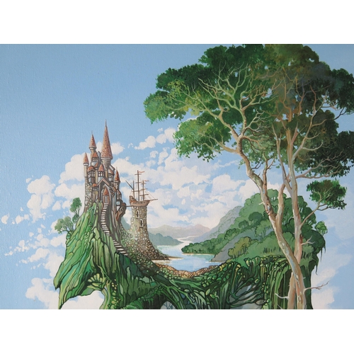 1370 - Stephen Trodd, New Zealand Illustrator and Album Cover Artist, Fantasy Landscape with castle caves a... 