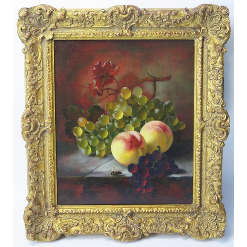 1371 - Victorian School, Still life fruit and bee, oil on canvas, relined, in gilt frame, unsigned 33 x 27c... 