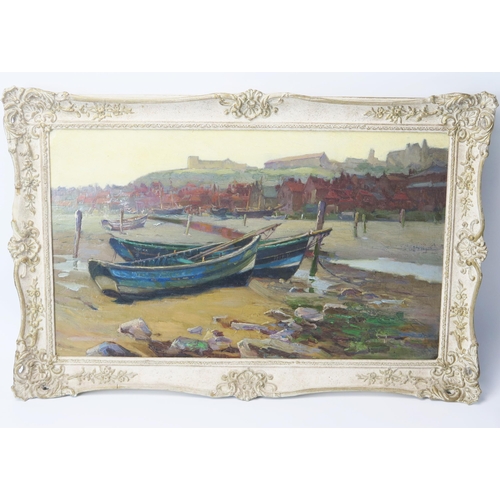 1372 - 20th Century English School, 'Low Tide, Whitby' oil on canvas, unsigned and undated, framed, 29 x 49... 