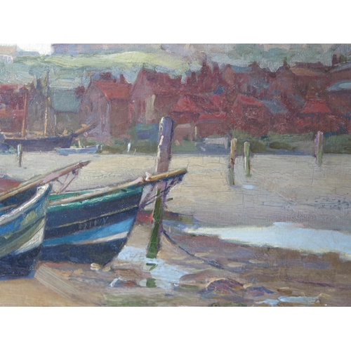 1372 - 20th Century English School, 'Low Tide, Whitby' oil on canvas, unsigned and undated, framed, 29 x 49... 