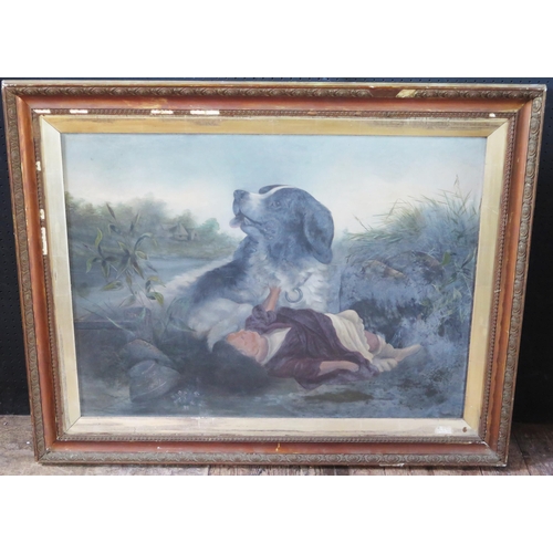 1373 - Oil on board of a St Bernard and a Child, 90 x 67cm (excl. frame)