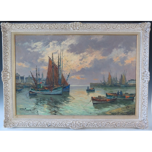 1378 - Yves Madec, 'Fishing Boats in Harbour' oil on canvas, signed, undated, framed, 52 x 80cm.