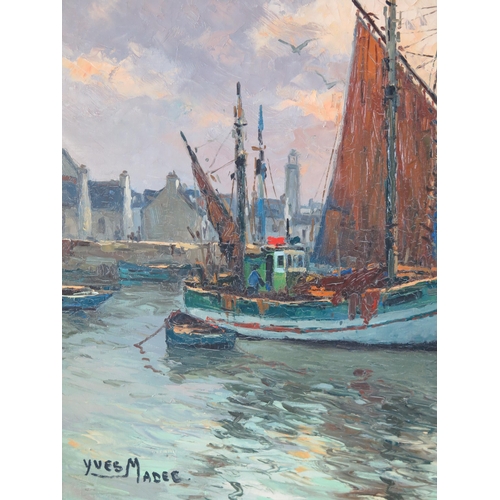 1378 - Yves Madec, 'Fishing Boats in Harbour' oil on canvas, signed, undated, framed, 52 x 80cm.