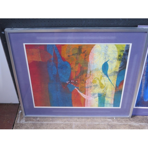 1385 - Three silk screen prints of abstract designs, mounted and framed, 46 x 67cm, 47 x 57cm and 48 x 64cm... 