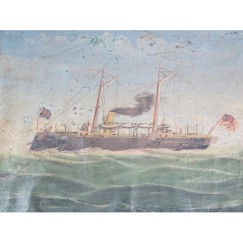 1389 - F Lamport, British turret ship, oil on canvas, 46x 35cm.