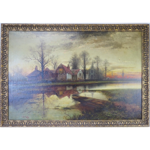 1393 - Sunset on the Lake by a country residence, signed A H Cole, Oil On Canvas, 64cm x 49cm