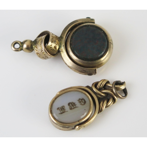 151 - Two Antique Bloodstone and Carnelian Swivel Fobs, one engraved with initials, largest c. 28mm, 6.3g