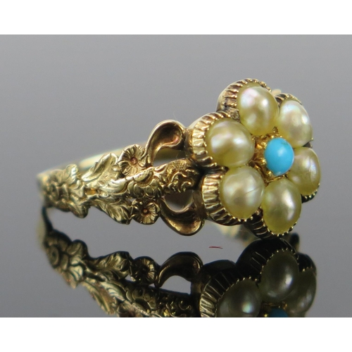 178 - A Georgian untested Pearl and Turquoise Cluster Ring with ornate pierced and foliate engraved should... 