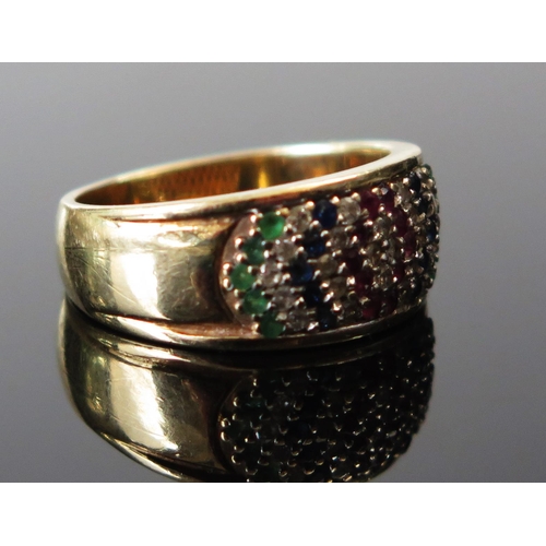 202 - A Modern 9ct Gold, Diamond, Sapphire, Ruby and Emerald Cocktail ring, size M.5, 5.3g