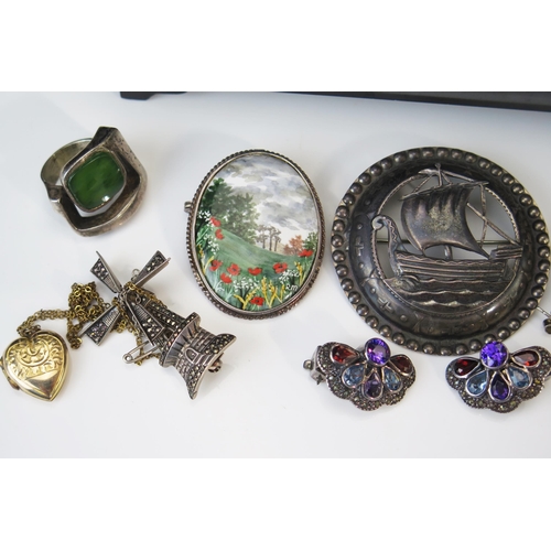 214 - A Selection of Silver and other Costume Jewellery in a Bakelite box