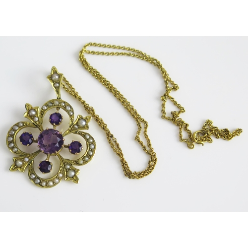 22 - An Amethyst and untested Pearl Pendant in an unmarked high carat gold setting and on a 15.5