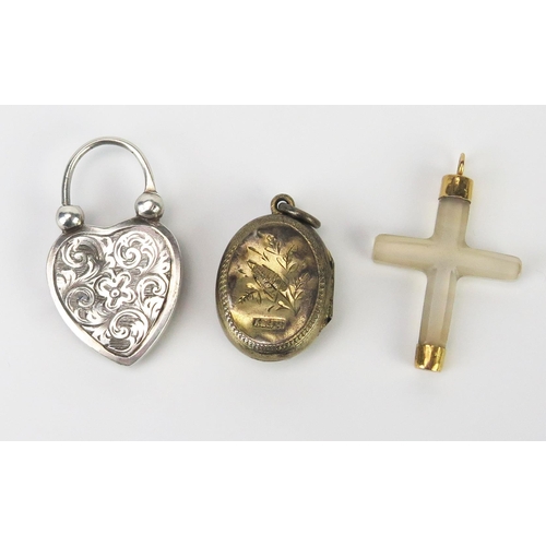 262 - An Unmarked Silver and Agate Mounted Heart Shaped 'Padlock' Clasp (35mm), 9ct gold mounted cross and... 