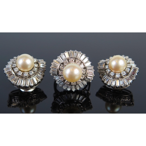 287 - A 1950's Diamond and Pearl Demi-Parure comprising a ring mounted with a single c. 9.5mm pearl with 1... 