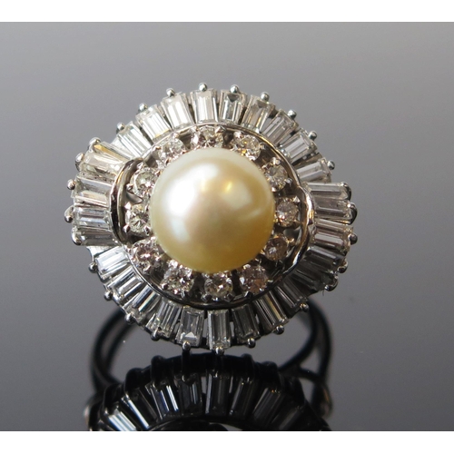 287 - A 1950's Diamond and Pearl Demi-Parure comprising a ring mounted with a single c. 9.5mm pearl with 1... 