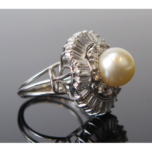 287 - A 1950's Diamond and Pearl Demi-Parure comprising a ring mounted with a single c. 9.5mm pearl with 1... 